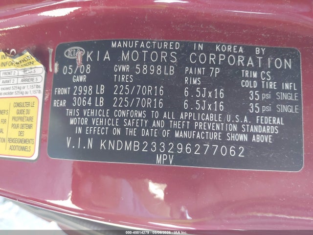 Продаж на аукціоні авто 2009 Kia Sedona Lx, vin: KNDMB233296277062, номер лоту: 45014279