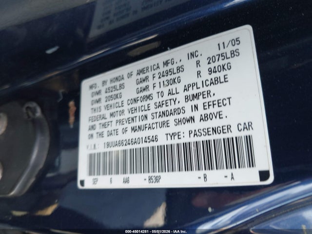 2006 Acura Tl მანქანა იყიდება აუქციონზე, vin: 19UUA66246A014546, აუქციონის ნომერი: 45014281