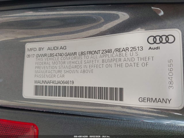 45014289 :رقم المزاد ، WAUNNAF40JA064619 vin ، 2018 Audi A4 2.0t Premium/2.0t Tech Premium مزاد بيع