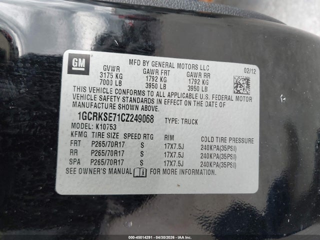 45014291 :رقم المزاد ، 1GCRKSE71CZ249068 vin ، 2012 Chevrolet Silverado 1500 Lt مزاد بيع
