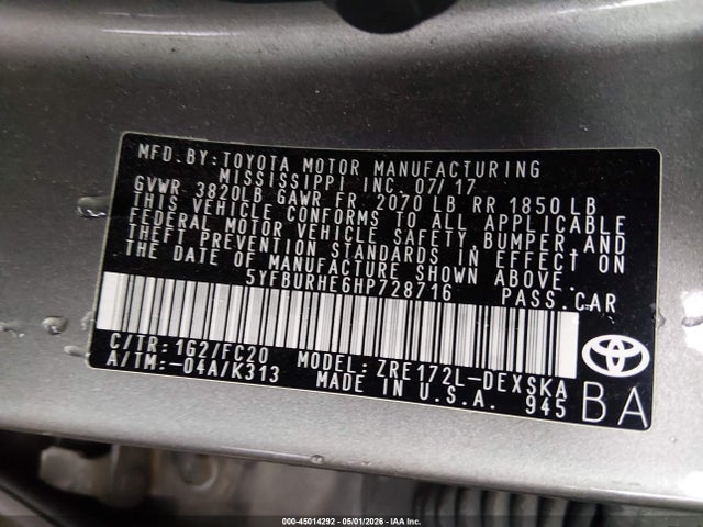 45014292 :رقم المزاد ، 5YFBURHE6HP728716 vin ، 2017 Toyota Corolla Se مزاد بيع