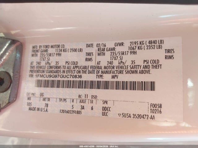 1FMCU9G97GUC70836 Ford ESCAPE SE