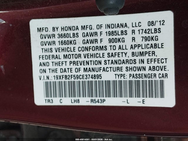 45014301 :رقم المزاد ، 19XFB2F59CE374895 vin ، 2012 Honda Civic Lx مزاد بيع