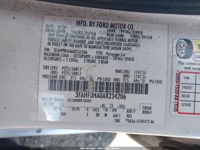 45014304 :رقم المزاد ، 3FAHP0HA0AR234206 vin ، 2010 Ford Fusion Se مزاد بيع