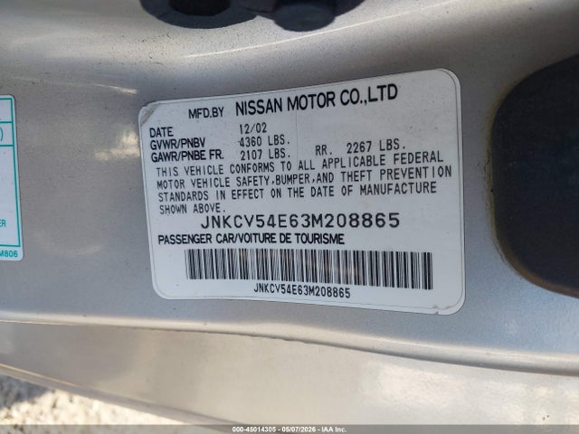 45014305 :رقم المزاد ، JNKCV54E63M208865 vin ، 2003 Infiniti G35 Base W/6 Speed Manual مزاد بيع