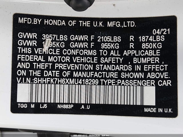 Aukcja sprzedaży 2021 Honda Civic Ex, vin: SHHFK7H6XMU418299, numer aukcji: 45014312