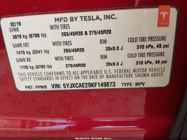 Aukcja sprzedaży 2019 Tesla Model X, vin: 5YJXCAE29KF149873, numer aukcji: 45014319