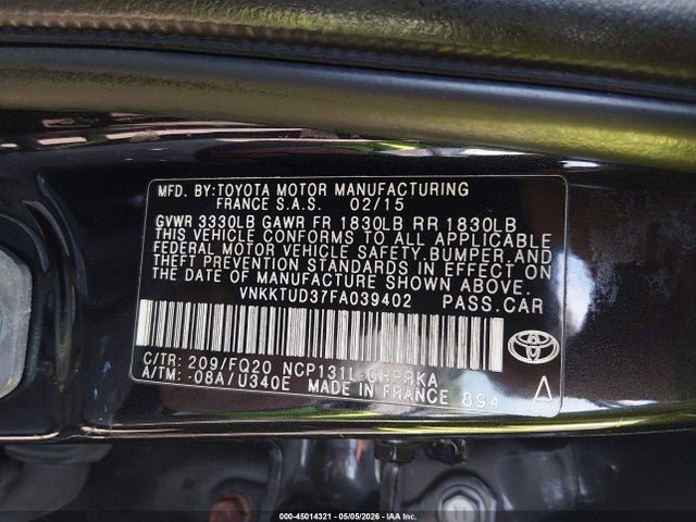 Продаж на аукціоні авто 2015 Toyota Yaris L, vin: VNKKTUD37FA039402, номер лоту: 45014321