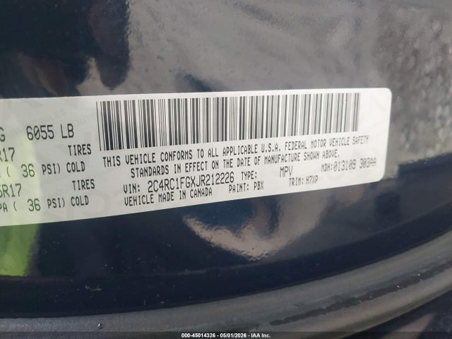 45014326 :رقم المزاد ، 2C4RC1FGXJR212226 vin ، 2018 Chrysler Pacifica Touring Plus مزاد بيع