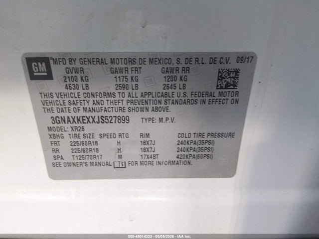 45014333 :رقم المزاد ، 3GNAXKEXXJS527899 vin ، 2018 Chevrolet Equinox Lt مزاد بيع