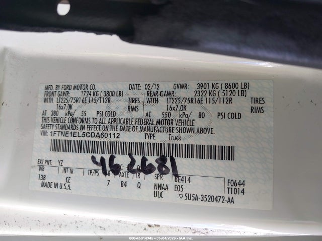 Продажа на аукционе авто 2012 Ford E-150 Commercial, vin: 1FTNE1EL5CDA60112, номер лота: 45014345