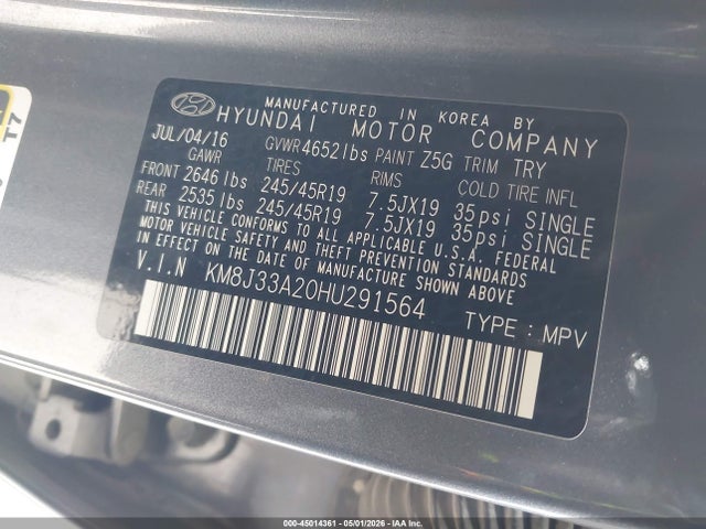 45014361 :رقم المزاد ، KM8J33A20HU291564 vin ، 2017 Hyundai Tucson Limited مزاد بيع