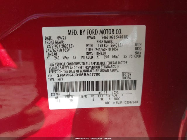 Aukcja sprzedaży 2021 Ford Edge Sel, vin: 2FMPK4J91MBA47700, numer aukcji: 45014370