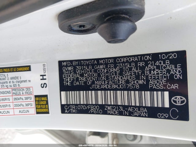 Продаж на аукціоні авто 2021 Toyota Corolla Hybrid Le, vin: JTDEAMDE8MJ017578, номер лоту: 45014375