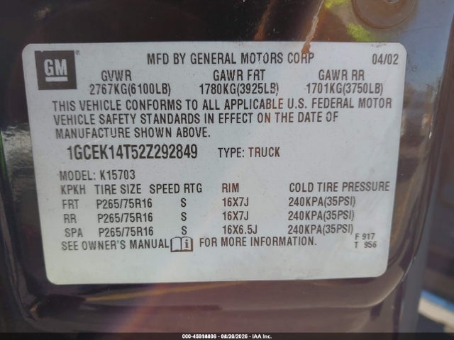 45014406 :رقم المزاد ، 1GCEK14T52Z292849 vin ، 2002 Chevrolet Silverado 1500 Ls مزاد بيع