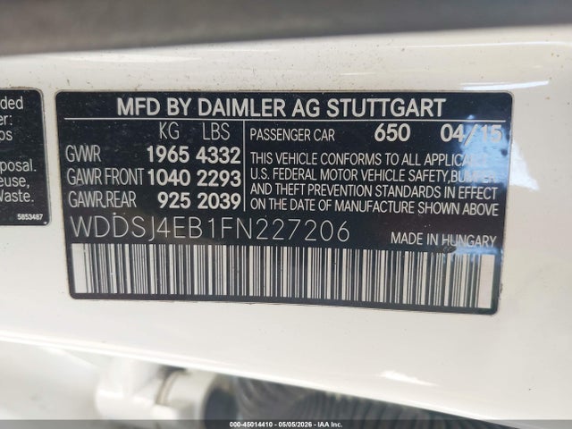 Aukcja sprzedaży 2015 Mercedes-benz Cla 250, vin: WDDSJ4EB1FN227206, numer aukcji: 45014410