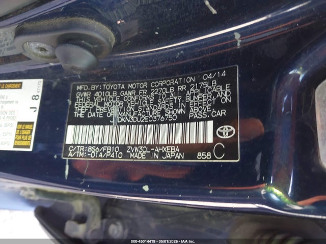 45014418 :رقم المزاد ، JTDKN3DU2E0376750 vin ، 2014 Toyota Prius Two مزاد بيع