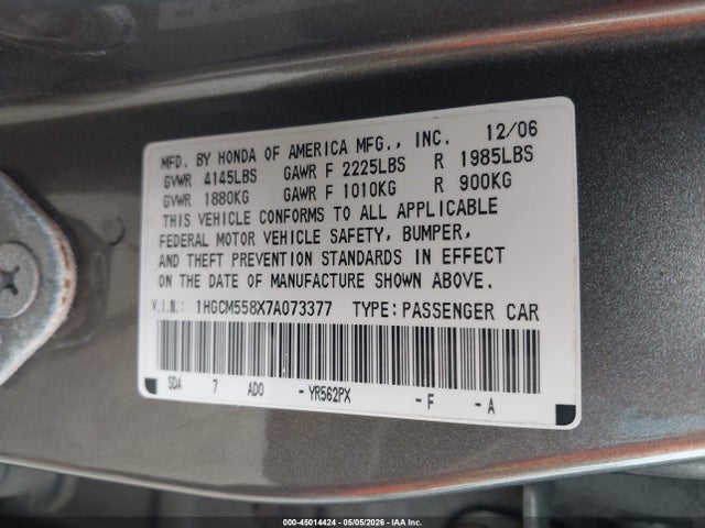 Aukcja sprzedaży 2007 Honda Accord 2.4 Ex, vin: 1HGCM558X7A073377, numer aukcji: 45014424
