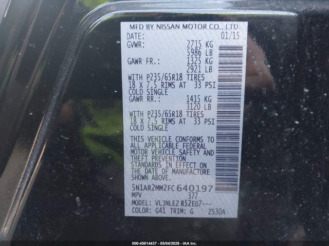 45014437 :رقم المزاد ، 5N1AR2MM2FC640197 vin ، 2015 Nissan Pathfinder Platinum/s/sl/sv مزاد بيع