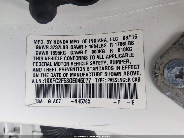 Продажа на аукционе авто 2016 Honda Civic Lx, vin: 19XFC2F53GE045077, номер лота: 45014440