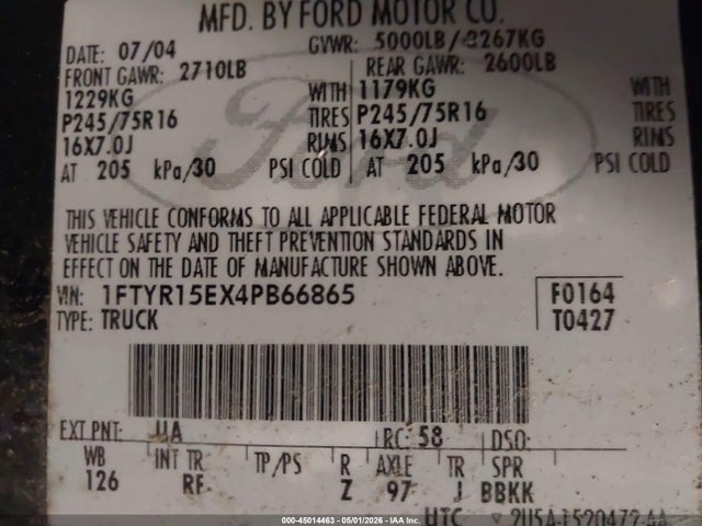 Auction sale of the 2004 Ford Ranger Xlt, vin: 1FTYR15EX4PB66865, lot number: 45014463
