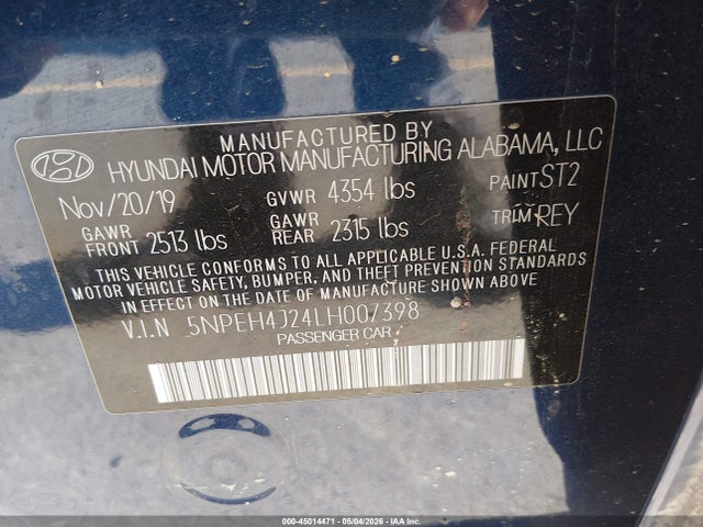 2020 Hyundai Sonata Limited მანქანა იყიდება აუქციონზე, vin: 5NPEH4J24LH007398, აუქციონის ნომერი: 45014471