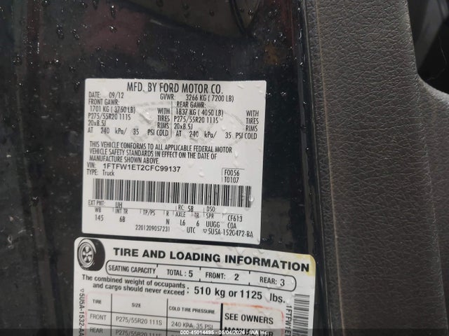 Aukcja sprzedaży 2012 Ford F-150 Fx4, vin: 1FTFW1ET2CFC99137, numer aukcji: 45014495