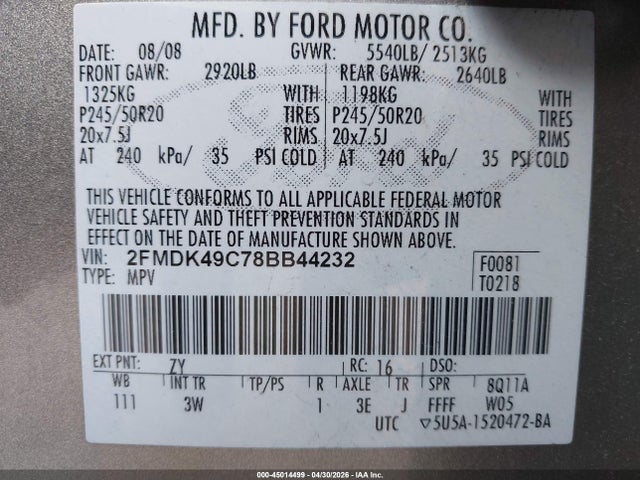 Продажа на аукционе авто 2008 Ford Edge Limited, vin: 2FMDK49C78BB44232, номер лота: 45014499