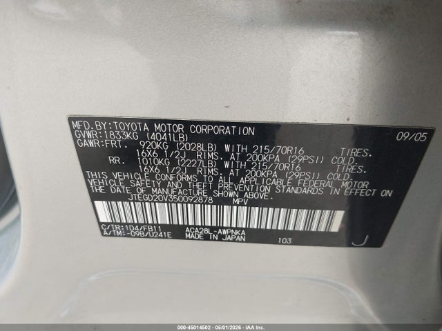 45014502 :رقم المزاد ، JTEGD20V350092878 vin ، 2005 Toyota Rav4 مزاد بيع