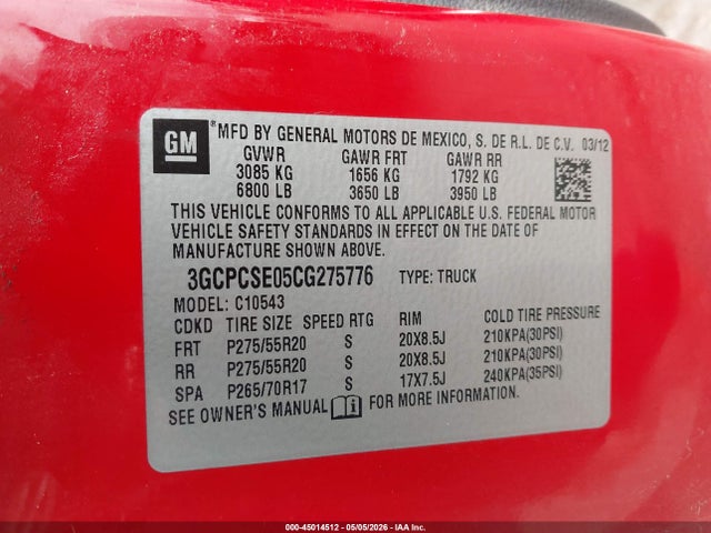 2012 Chevrolet Silverado 1500 Lt მანქანა იყიდება აუქციონზე, vin: 3GCPCSE05CG275776, აუქციონის ნომერი: 45014512
