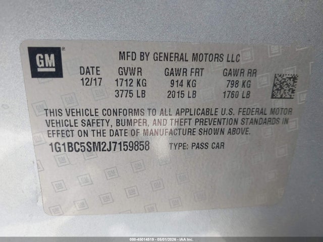 45014519 :رقم المزاد ، 1G1BC5SM2J7159858 vin ، 2018 Chevrolet Cruze Ls Auto مزاد بيع