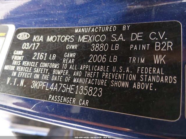 Продаж на аукціоні авто 2017 Kia Forte S, vin: 3KPFL4A75HE135823, номер лоту: 45014526