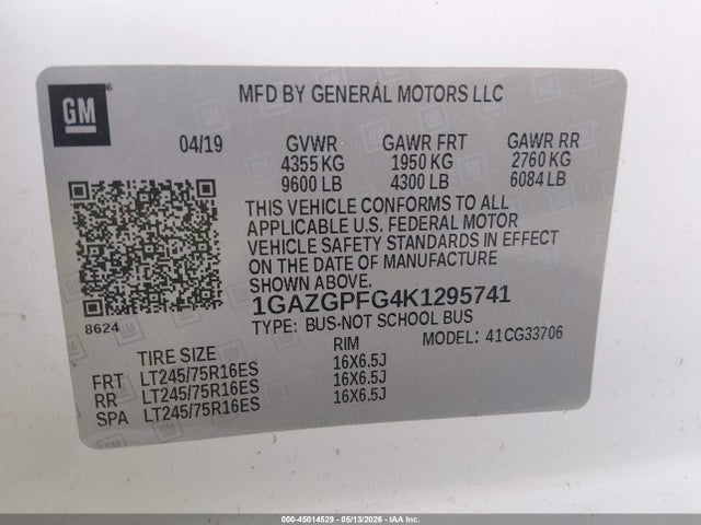 Продажа на аукционе авто 2019 Chevrolet Express 3500 Lt, vin: 1GAZGPFG4K1295741, номер лота: 45014529