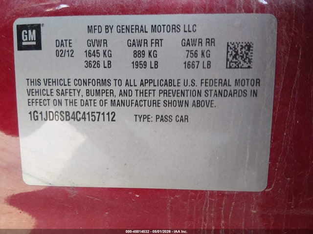 Aukcja sprzedaży 2012 Chevrolet Sonic 1lt, vin: 1G1JD6SB4C4157112, numer aukcji: 45014532