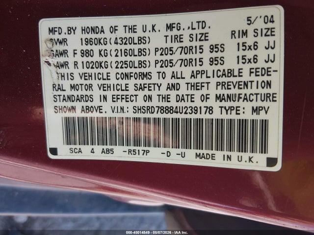 45014549 :رقم المزاد ، SHSRD78884U239178 vin ، 2004 Honda Cr-v Ex مزاد بيع