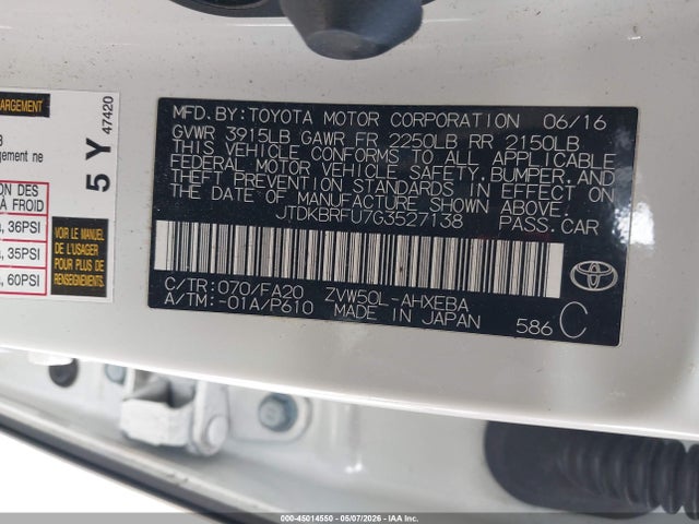 JTDKBRFU7G3527138 Toyota Prius Two