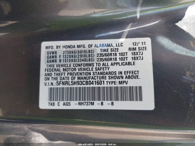 Aukcja sprzedaży 2012 Honda Odyssey Touring/touring Elite, vin: 5FNRL5H93CB041601, numer aukcji: 45014553