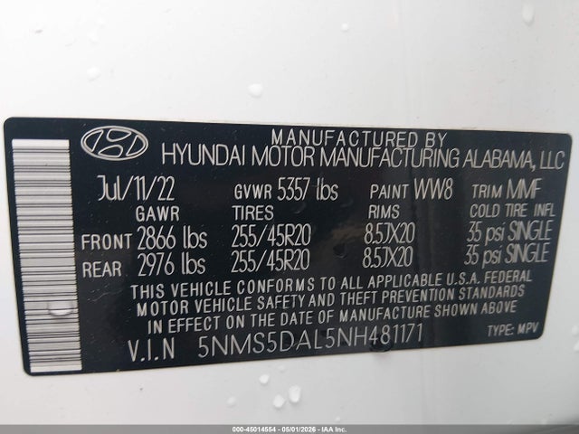 Aukcja sprzedaży 2022 Hyundai Santa Fe Calligraphy, vin: 5NMS5DAL5NH481171, numer aukcji: 45014554