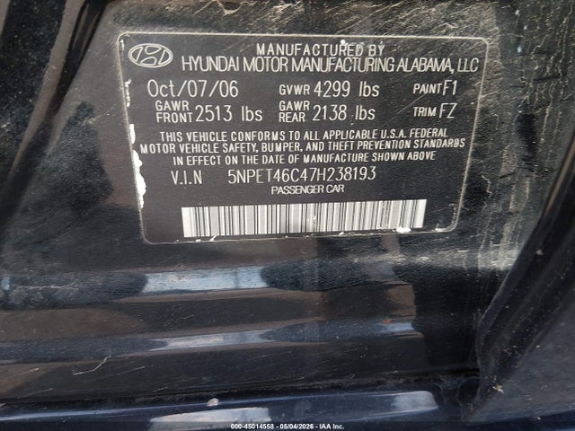 Продаж на аукціоні авто 2007 Hyundai Sonata Gls, vin: 5NPET46C47H238193, номер лоту: 45014558