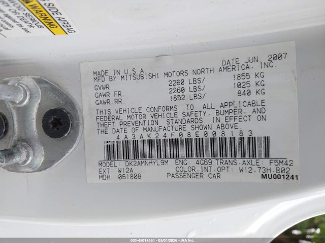 Aukcja sprzedaży 2008 Mitsubishi Eclipse Gs, vin: 4A3AK24F08E008183, numer aukcji: 45014561