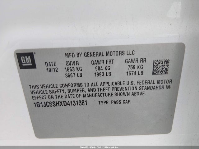 Продажа на аукционе авто 2013 Chevrolet Sonic Lt Auto, vin: 1G1JC6SHXD4131381, номер лота: 45014564