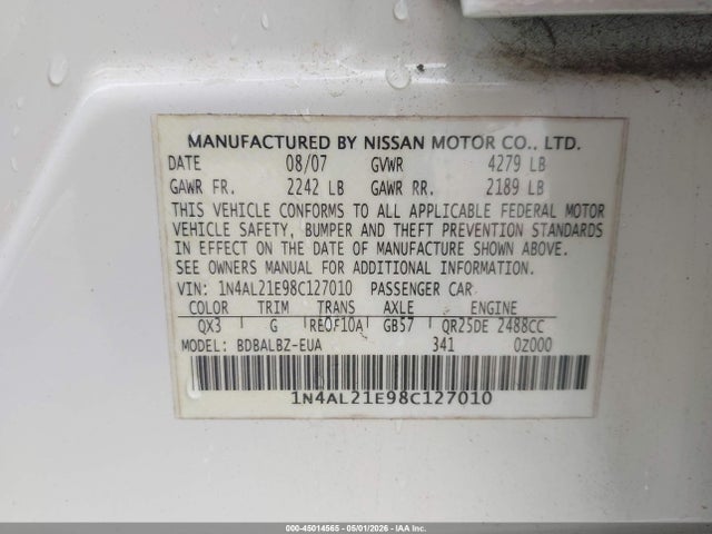 Aukcja sprzedaży 2008 Nissan Altima 2.5 S, vin: 1N4AL21E98C127010, numer aukcji: 45014565