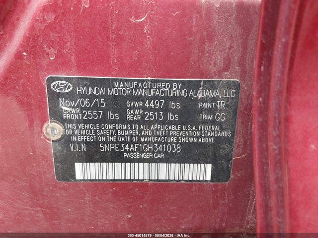 45014579 :رقم المزاد ، 5NPE34AF1GH341038 vin ، 2016 Hyundai Sonata Sport مزاد بيع