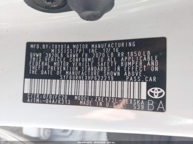 Aukcja sprzedaży 2017 Toyota Corolla Se, vin: 5YFBURHEXHP622219, numer aukcji: 45014578
