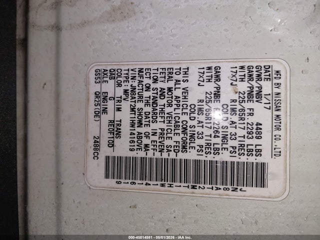2017 Nissan Rogue Sv მანქანა იყიდება აუქციონზე, vin: JN8AT2MT1HW141619, აუქციონის ნომერი: 45014581