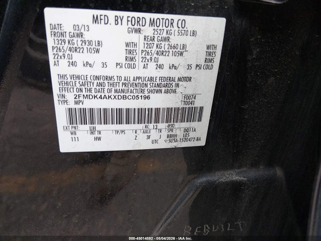 45014592 :رقم المزاد ، 2FMDK4AKXDBC05196 vin ، 2013 Ford Edge Sport مزاد بيع