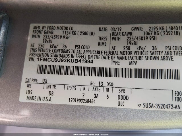 Продаж на аукціоні авто 2019 Ford Escape Titanium, vin: 1FMCU9J93KUB41994, номер лоту: 45014608