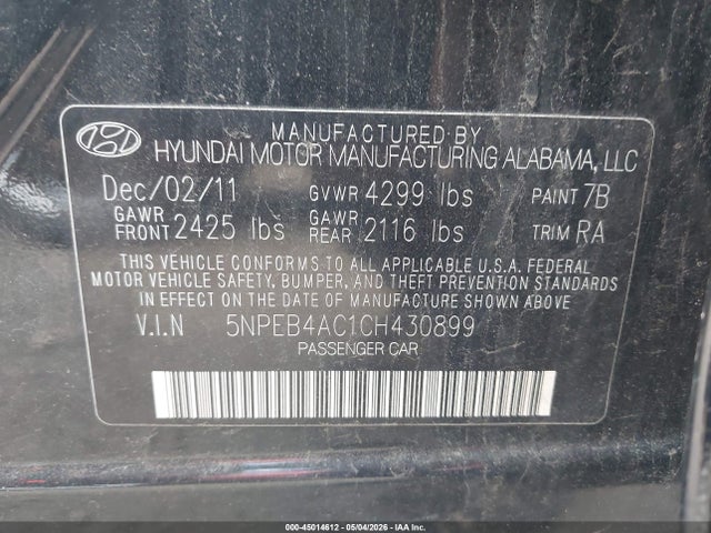 Продажа на аукционе авто 2012 Hyundai Sonata Gls, vin: 5NPEB4AC1CH430899, номер лота: 45014612