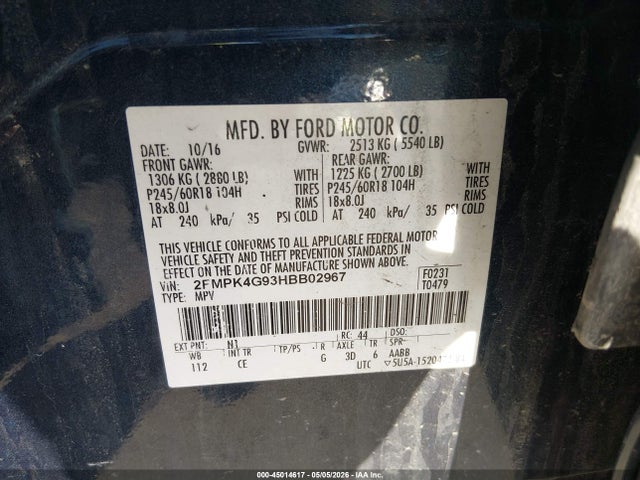 2017 Ford Edge Se მანქანა იყიდება აუქციონზე, vin: 2FMPK4G93HBB02967, აუქციონის ნომერი: 45014617