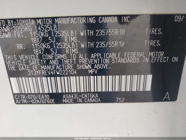 Продаж на аукціоні авто 2015 Toyota Rav4 Limited, vin: 2T3YFREV4FW222104, номер лоту: 45014636